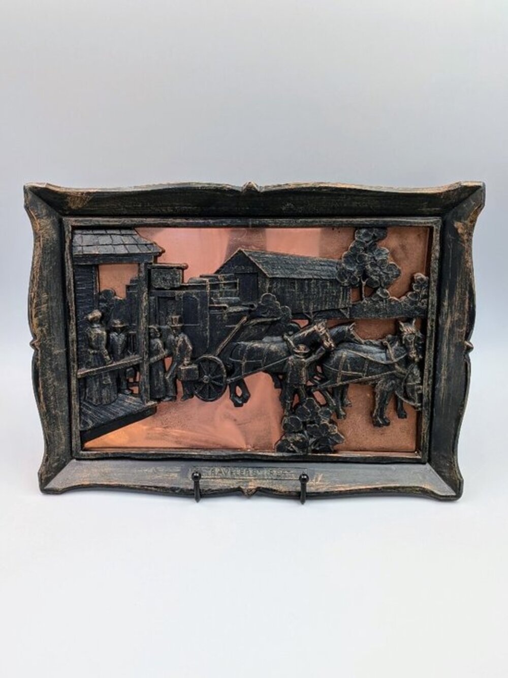 1970s Faux Wood & Copper Foil Dart Inc. "Travelers' Rest" 3D Stagecoach Plaque
